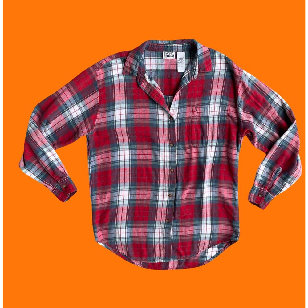 90's vintage flannel plaid 100% cotton collared button up blouse SMALL